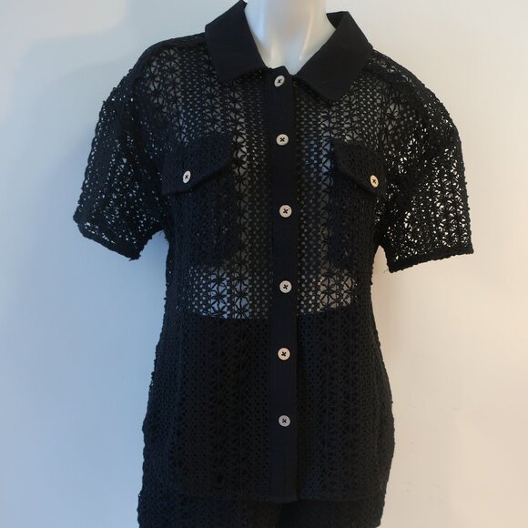 NWT Benaar LA Jeiley Black 2Pc Set Crochet Gauzy Contrast Collared Top Short M C - Picture 6 of 16